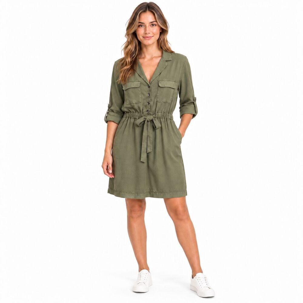 Zara Womens L Olive Green Lyocell Utility Shirt Dress Belted Roll Tap Sleeve
